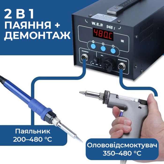 Паяльна станція 2 в 1 WEP 948-I / паяльник + вакуумний олововідсмоктувач / 200-480°C / 90 Вт