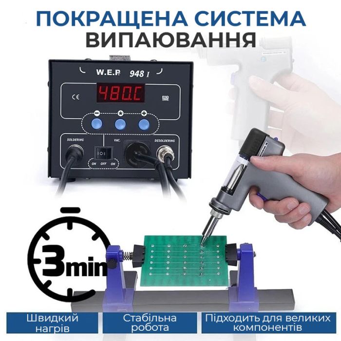 Паяльна станція 2 в 1 WEP 948-I / паяльник + вакуумний олововідсмоктувач / 200-480°C / 90 Вт