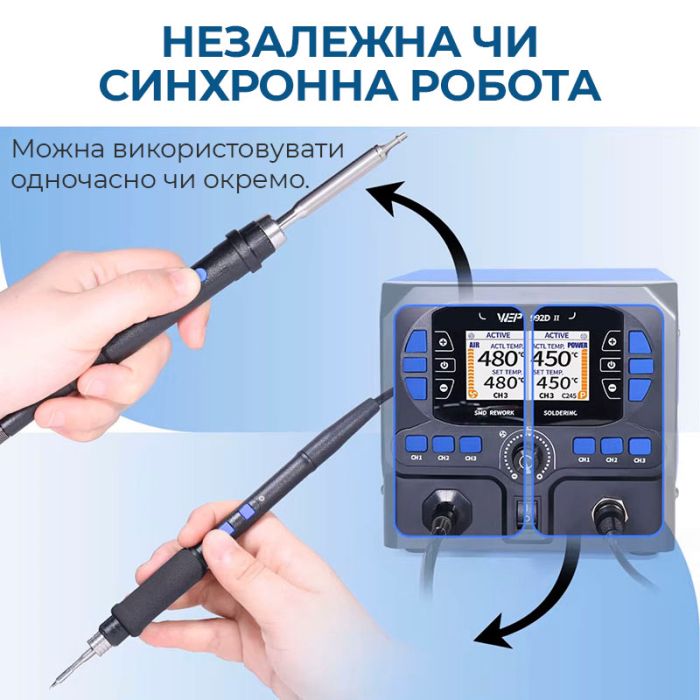 Паяльна станція 2 в 1 WEP 992D-II / прецизійний термофен + паяльник C210 / 90-450°C / 10 л/хв / 210 Вт
