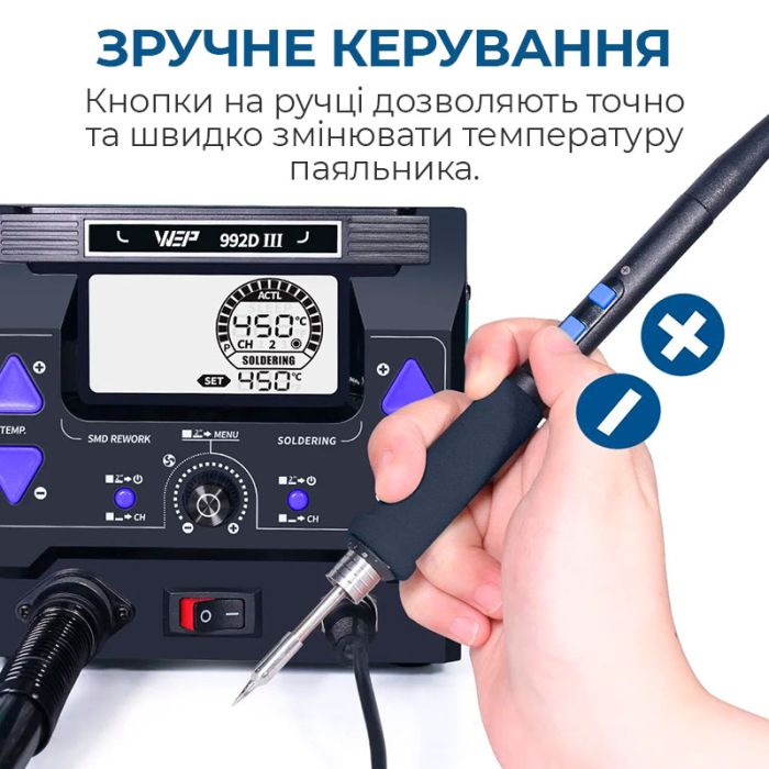 Паяльна станція 2 в 1 WEP 992D-III / термофен + 2 паяльники C210 C245 / 3 канали пам'яті / 1220 Вт