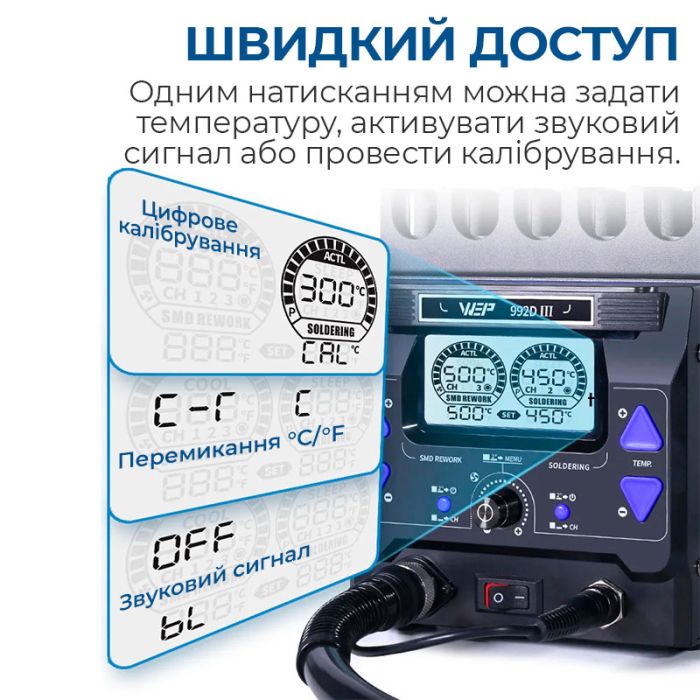 Паяльна станція 2 в 1 WEP 992D-III / термофен + 2 паяльники C210 C245 / 3 канали пам'яті / 1220 Вт