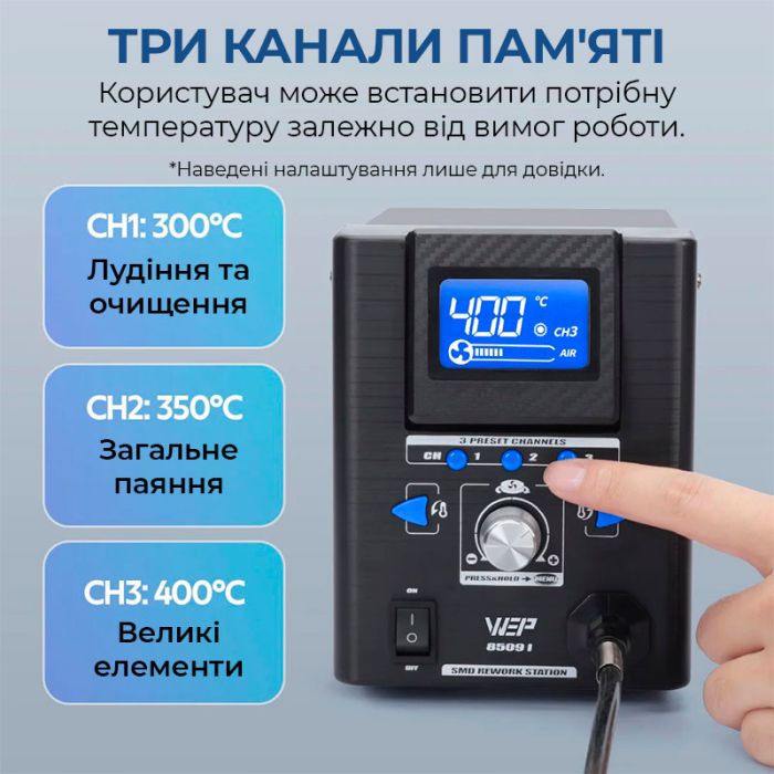 Термовоздушная паяльная станция WEP 8509-I / 3 канала памяти / 100-480°C / 8 мини насадок / 170 Вт