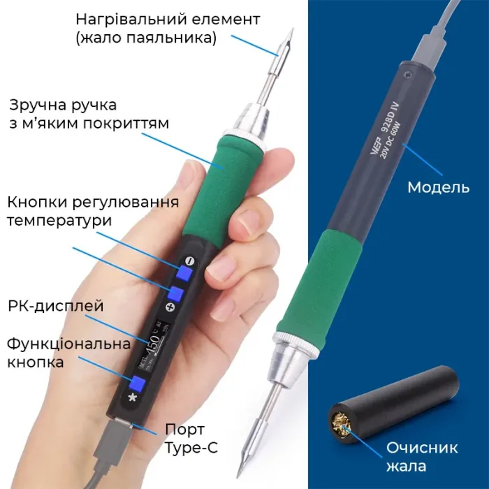 Паяльник прецизійний WEP 928D IV портативний / жало C235-I / 450°C / підставка з губкою / Type-C