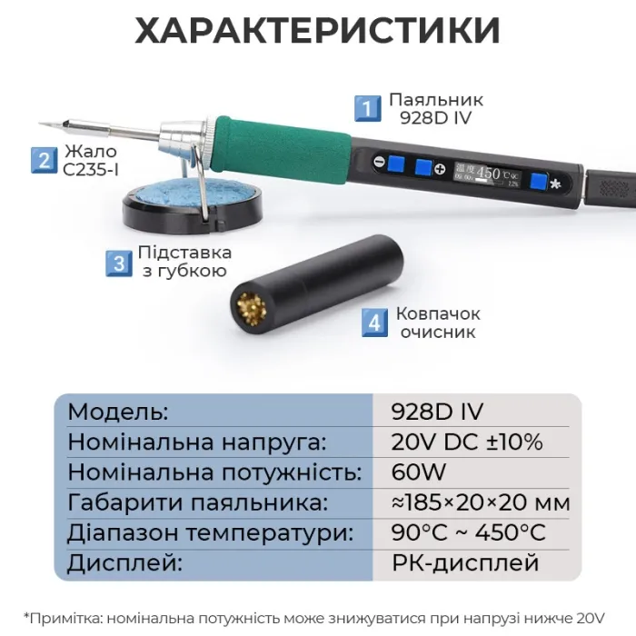 Паяльник прецизійний WEP 928D IV портативний / жало C235-I / 450°C / підставка з губкою / Type-C