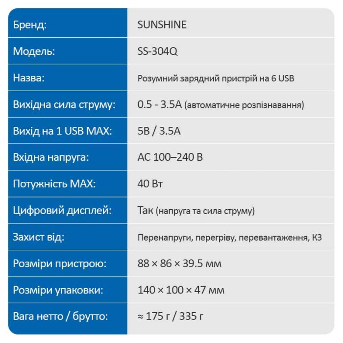 Быстрое зарядное устройство Sunshine SS-304Q 3.5A / 5xUSB / 1xUSB QC3.0 / 40W Purple