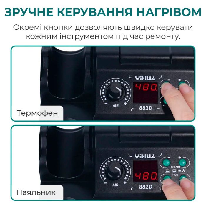 Паяльная станция 2 в 1 YIHUA 882D / термофен + паяльник / 3 насадки / 750 Вт