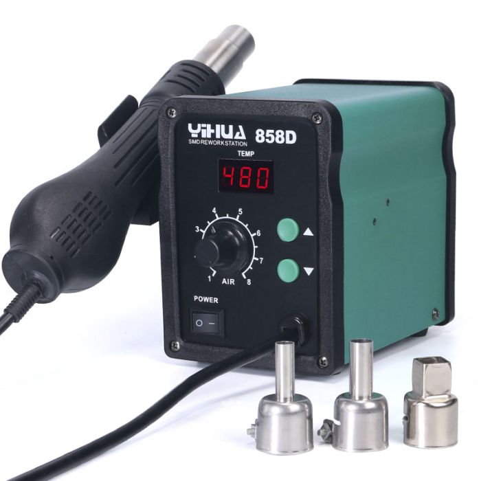 Термовоздушная паяльная станция YIHUA 858D термофен / 100-500°С / 120 л/мин / 3 насадки / 700 Вт