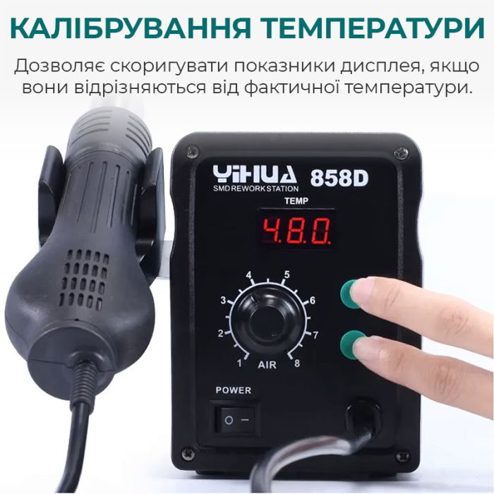 Термовоздушная паяльная станция YIHUA 858D термофен / 100-500°С / 120 л/мин / 3 насадки / 700 Вт