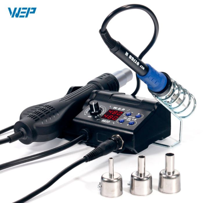 Паяльная станция 2 в 1 WEP 882D / термофен + паяльник / 3 насадки / 750 Вт