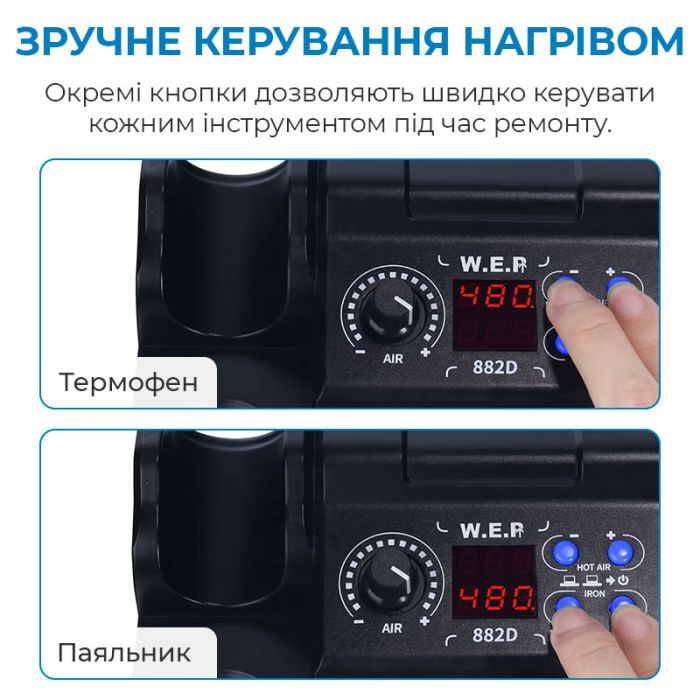 Паяльная станция 2 в 1 WEP 882D / термофен + паяльник / 3 насадки / 750 Вт