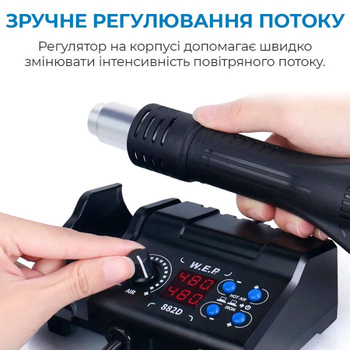 Паяльная станция 2 в 1 WEP 882D / термофен + паяльник / 3 насадки / 750 Вт
