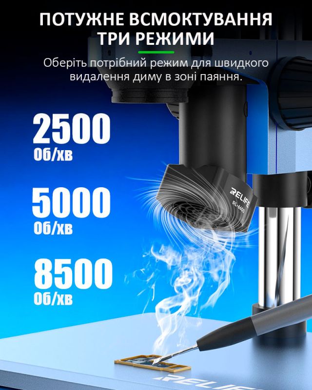 Димопоглинач RELIFE RL-6600 під мікроскоп / витяжка диму для паяння компактна Black