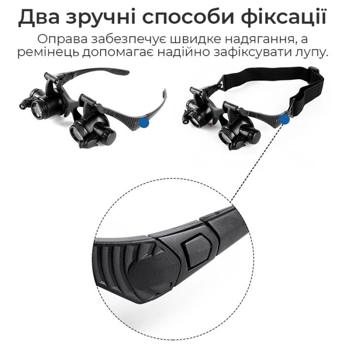 Лупа очки бинокулярные Magnifier 9892GJ с LED подсветкой / увеличение 10X 15X 20X 25X
