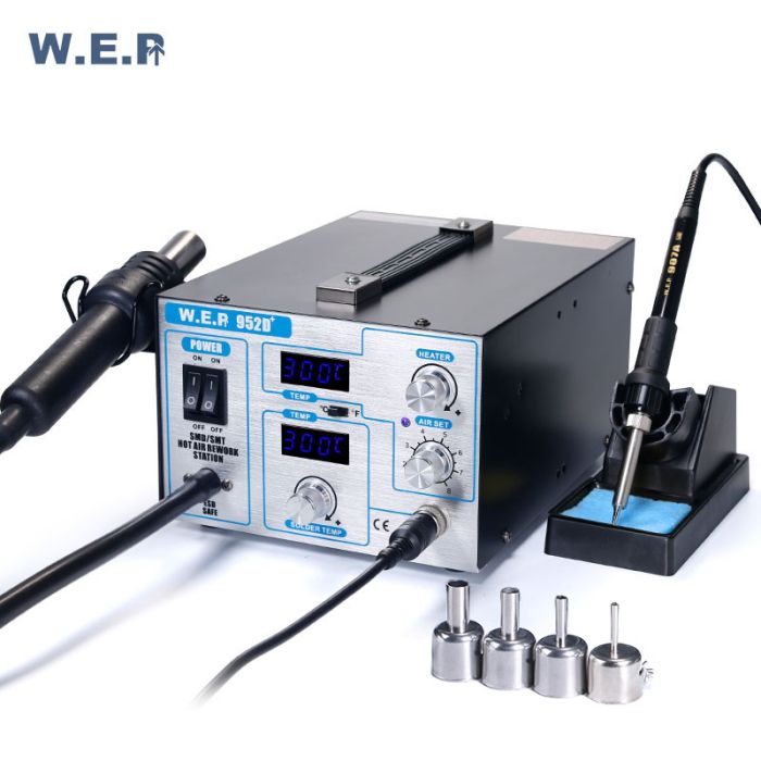 Паяльная станция 2 в 1 WEP 952D+ / термофен + паяльник / жало 900М / 4 насадки / 100 - 450°C / 700 Вт