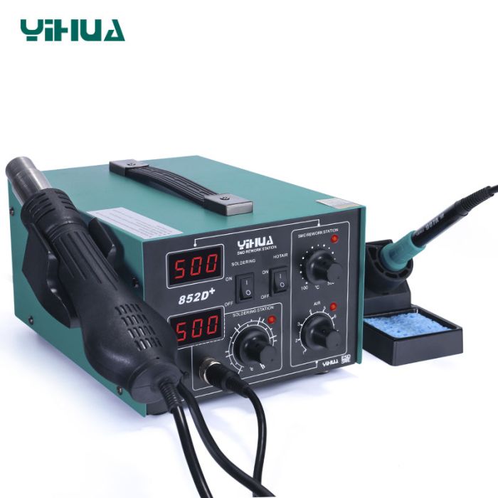 Паяльная станция 2 в 1 YIHUA 852D+ FAN / паяльник 50 Вт + термофен 650 Вт / LED дисплей / 3 насадки