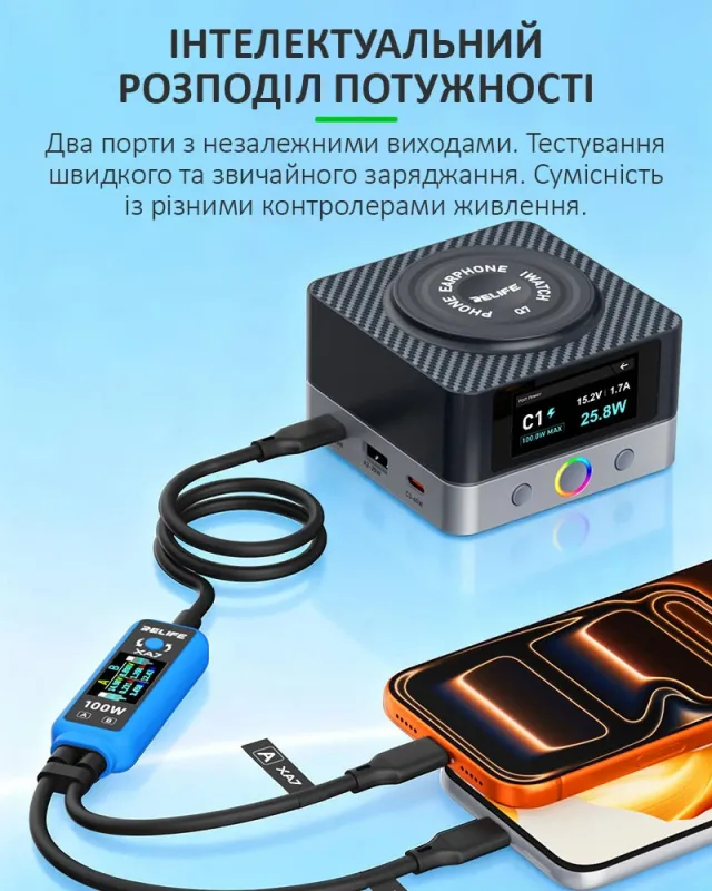 Кабель тестер RELIFE XA7 / Type-C 2 в 1 / Quick Charge 4.0 / PD 3.0 / 100 Вт / для iPhone Android