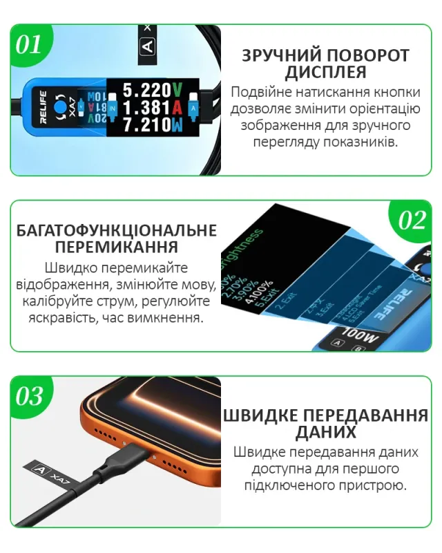 Кабель тестер RELIFE XA7 / Type-C 2 в 1 / Quick Charge 4.0 / PD 3.0 / 100 Вт / для iPhone Android