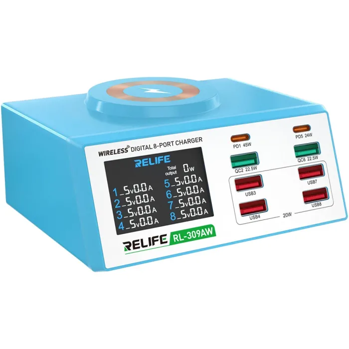 Беспроводное зарядное устройство Relife RL-309AW 8xUSB / PD3.0 45W / QC3.0 / Qi 15W / автоотключение / 100W Max