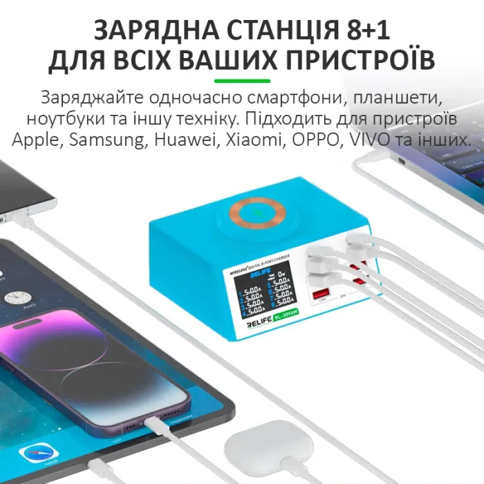 Беспроводное зарядное устройство Relife RL-309AW 8xUSB / PD3.0 45W / QC3.0 / Qi 15W / автоотключение / 100W Max