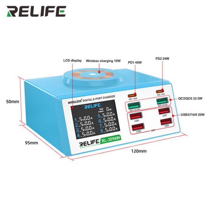 Беспроводное зарядное устройство Relife RL-309AW 8xUSB / PD3.0 45W / QC3.0 / Qi 15W / автоотключение / 100W Max