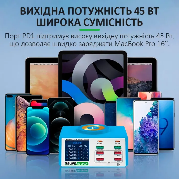 Беспроводное зарядное устройство Relife RL-309AW 8xUSB / PD3.0 45W / QC3.0 / Qi 15W / автоотключение / 100W Max