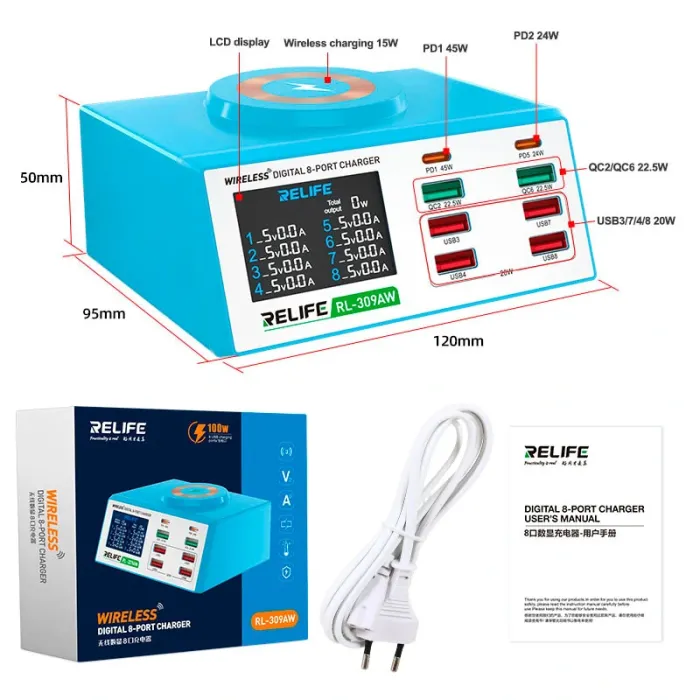 Беспроводное зарядное устройство Relife RL-309AW 8xUSB / PD3.0 45W / QC3.0 / Qi 15W / автоотключение / 100W Max