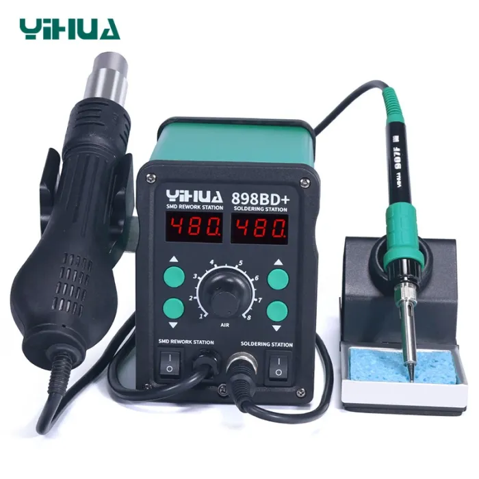 Паяльная станция YIHUA 898BD+ 2 в 1 фен / паяльник / цифровая индикация / турбинная / 3 насадки / 750 Вт