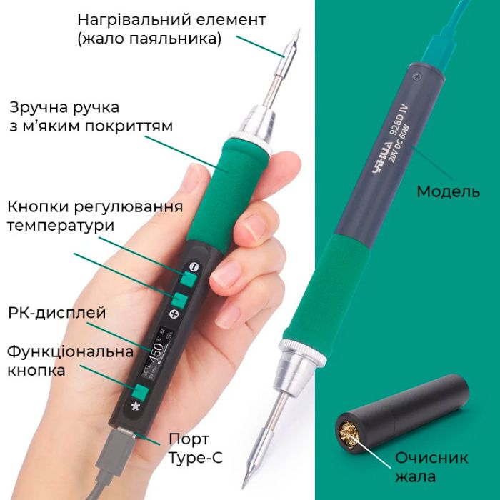 Паяльник прецизионный YiHUA 928D IV портативный / жало C235-I / 450°C / 20В / Type-C / 65 Вт / пенал
