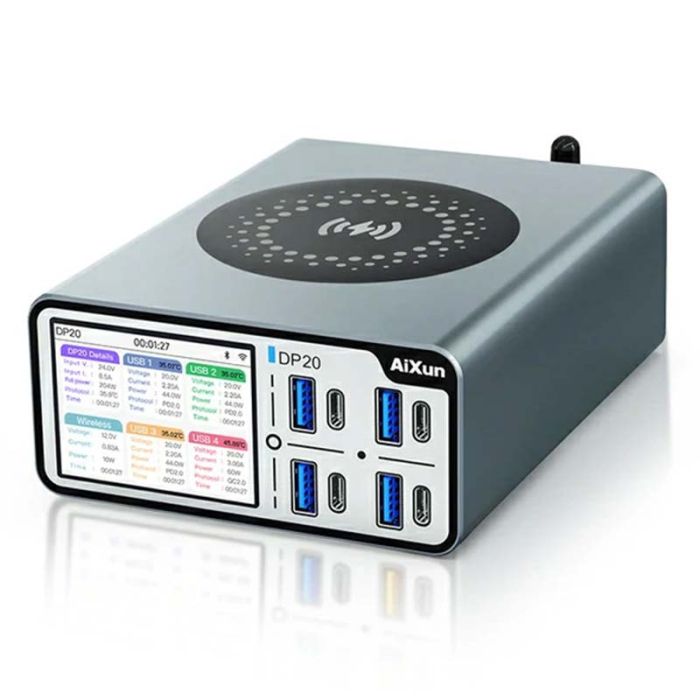 Зарядная станция AiXun DP20 / 8 USB / быстрая зарядка QC4.0 PD3.0 + беспроводная / 8А / 200Вт