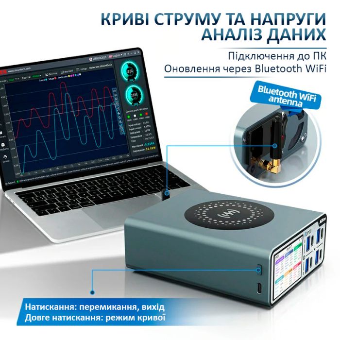 Зарядная станция AiXun DP20 / 8 USB / быстрая зарядка QC4.0 PD3.0 + беспроводная / 8А / 200Вт