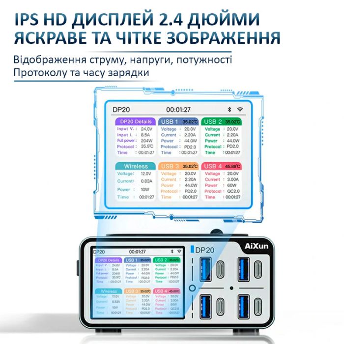 Зарядная станция AiXun DP20 / 8 USB / быстрая зарядка QC4.0 PD3.0 + беспроводная / 8А / 200Вт