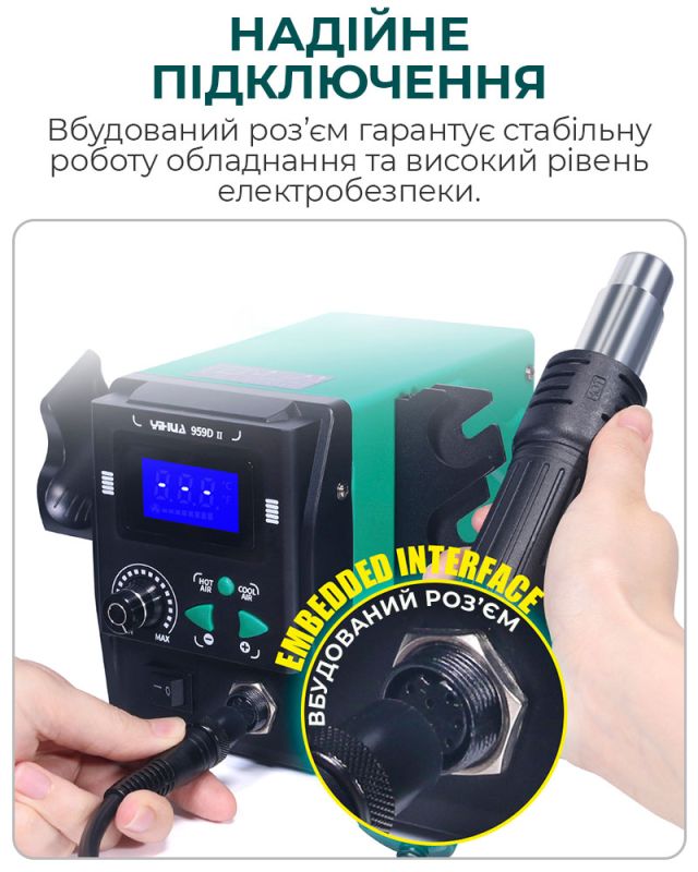 Термовоздушная паяльная станция YIHUA 959D II термофен / 100-480°С / 120 л/мин / 5 насадок / 700 Вт