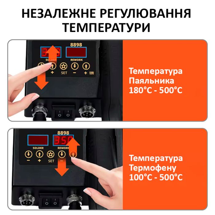 Паяльна станція 8898 комбінована 2 в 1 паяльник + термофен / LCD / 100-500°C / 650 Вт