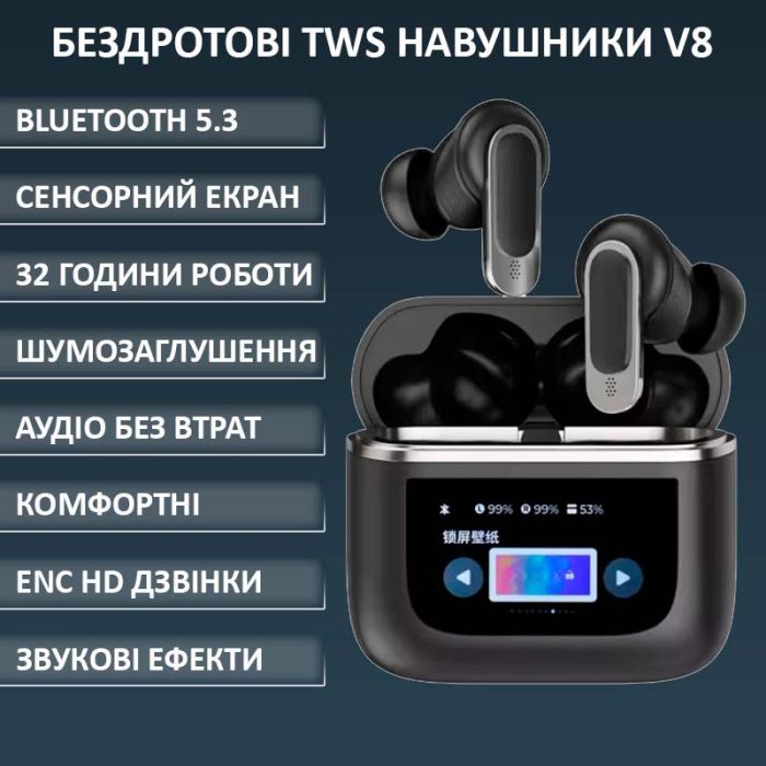Наушники беспроводные V8 TWS Earbuds с LED дисплеем, Bluetooth 5.3, ANC, 530mAh, IPX5 Black