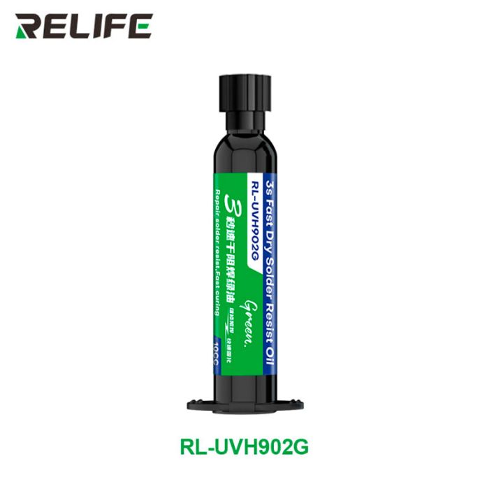 Ультрафиолетовый лак RELIFE RL-UVH902G 3S быстросохнущий / маска для пайки в шприце 10CC / зеленый