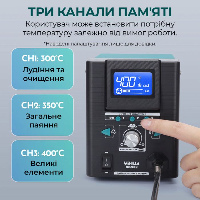 Термоповітряна паяльна станція YIHUA 8509-I / 3 канали пам'яті / 100-480°C / 3 міні насадки / 170 Вт