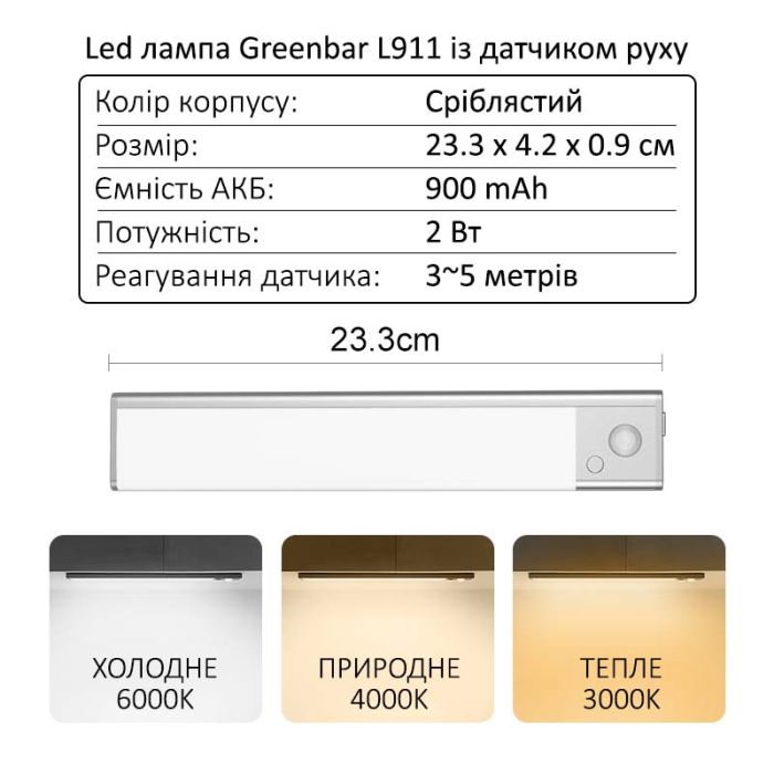 LED лампа ночник Greenbar L911 с датчиком движения, 2 Вт, длина 23 см Silver