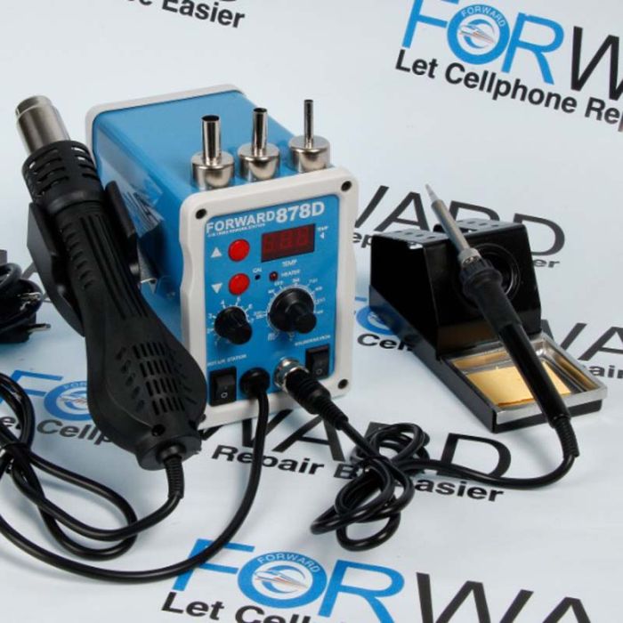 Паяльная станция Forward 878D 2 в 1 термофен + паяльник, LED дисплей, 3 насадки, 100 - 480°C, 700 Вт