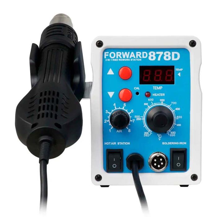 Паяльна станція Forward 878D 2 в 1 термофен + паяльник, LED дисплей, 3 насадки, 100 - 480°C, 700 Вт