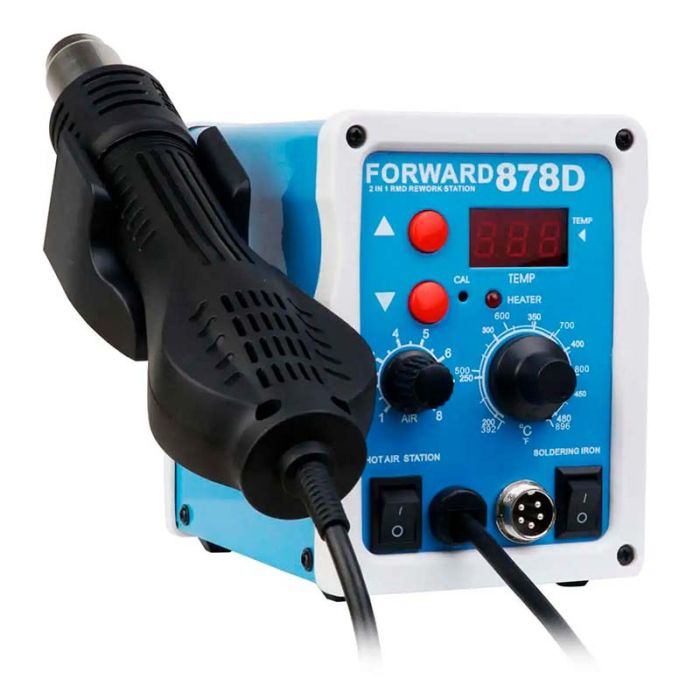 Паяльна станція Forward 878D 2 в 1 термофен + паяльник, LED дисплей, 3 насадки, 100 - 480°C, 700 Вт