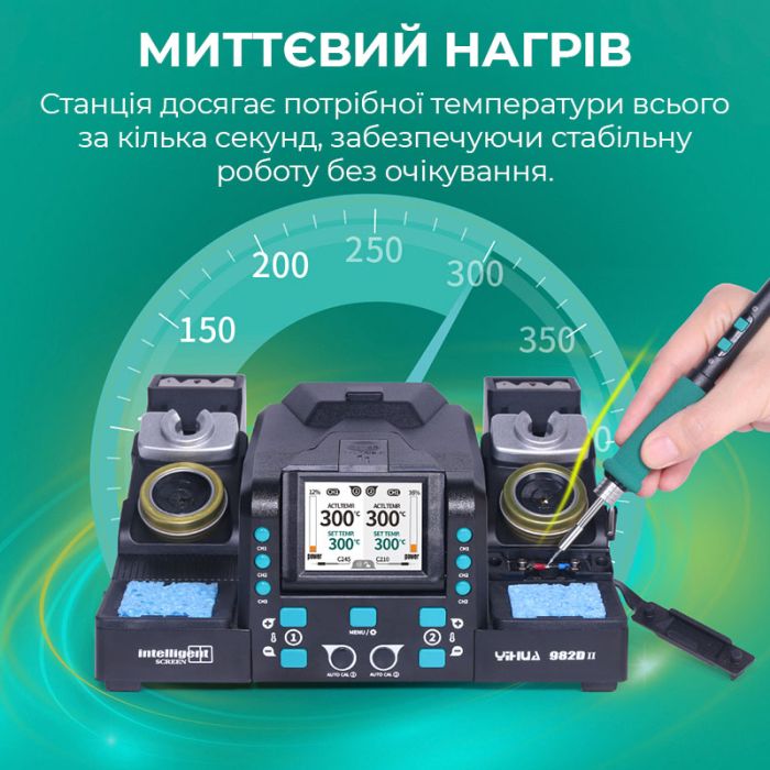 Паяльна станція 2 в 1 YIHUA 982D-II / 2 паяльники C210 + C245 / 3+3 канали пам'яті / 90-450°C / 160 Вт