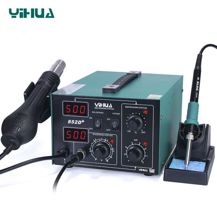 Паяльна станція 2 в 1 YIHUA 852D+ FAN / паяльник 50 Вт + термофен 650 Вт / LED дисплей / 3 насадки