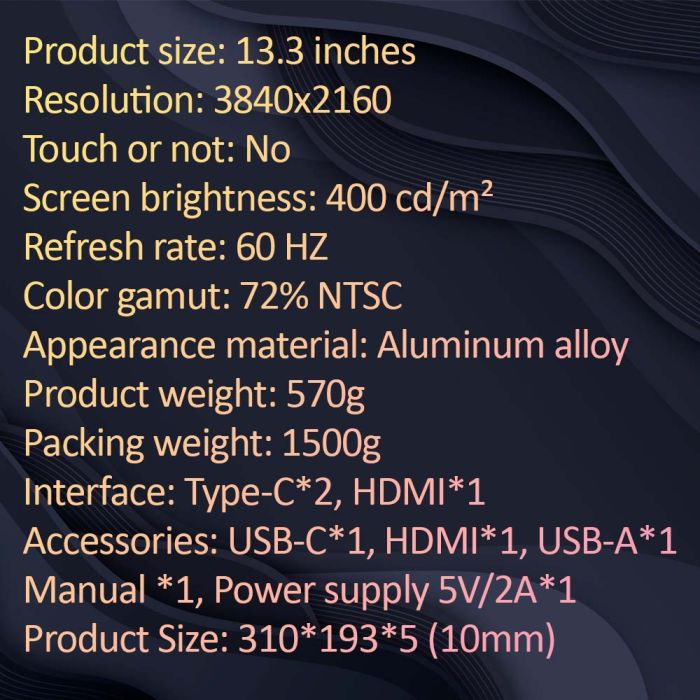 Монитор портативный 133UC / 13.3'' / IPS / 3840x2160 4K / Type-C / HDMI / jack 3.5 мм / второй экран