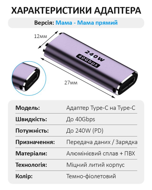 Переходник Type-C на Type-C адаптер (мама-мама) USB 4.0, 40 Гб/с, 240Вт, 8K, прямой