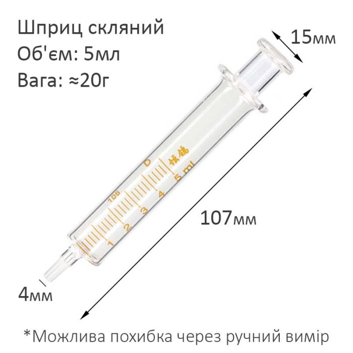 УЦЕНКА! Шприц стеклянный многоразовый (поршень стекло) 5 ml / брак литья