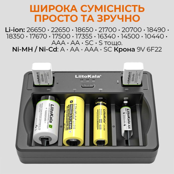 Зарядний пристрій Liitokala Lii-D4 / 4+2 канали / для акумуляторів AA, AAA, 18650, 26650, 32700, Крона