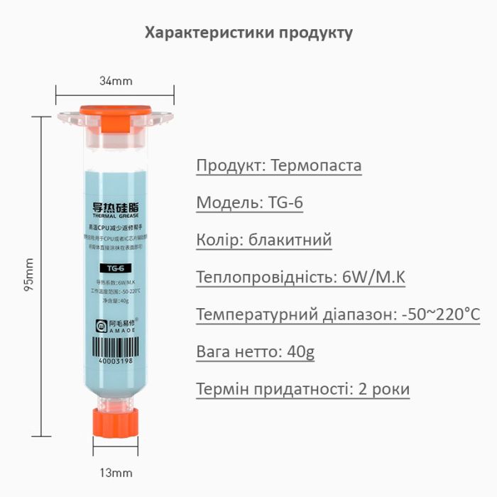 Термопаста Amaoe TG-6 силіконова для смартфонів, мобільної техніки / 6 Вт/м*К / 40g / 10cc / Blue
