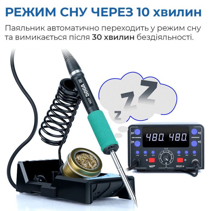 Паяльная станция 2 в 1 WEP 902D-IV / термофен + паяльник T12 / 3 канала памяти / 775 Вт