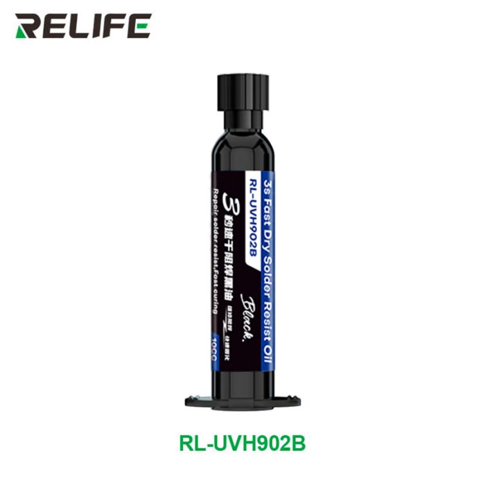 Ультрафіолетовий лак RELIFE RL-UVH902B 3S швидковисихаючий / маска для паяння в шприці 10CC / чорний
