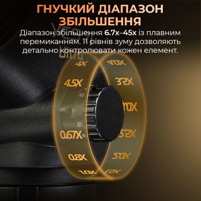 Микроскоп тринокулярный YCS 71 Ultra / 6.7X-45X / адаптер CTV 0.5X / LED подсветка / без штатива / Черный